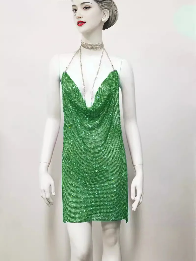 ZL58 vestido de fiesta Sexy con cuello halter y cadena de diamantes de imitación de corte bajo