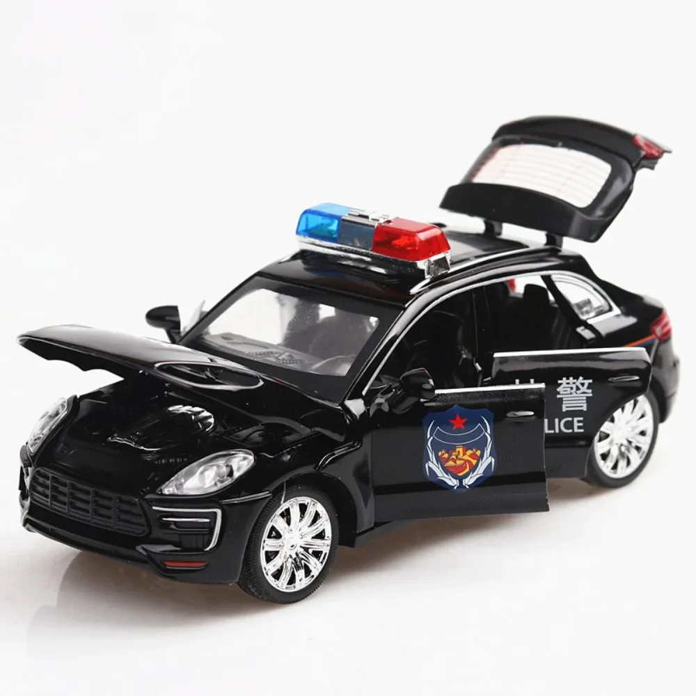 Maßstab 1:32 Porsche Macan Polizeiauto-Spielzeugmodell, 6 Türen geöffnet, Ton, Licht, zurückziehbar, Legierungskörper, Gummireifen, SUV-Modelle, Kindergeschenke