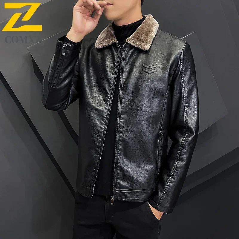 Winter Fashion Warmth Thickened Leather Jacket Lapel Solid Zipper Design Plus Size 4XL-M WorkCoat Men\'s Leather Jacket