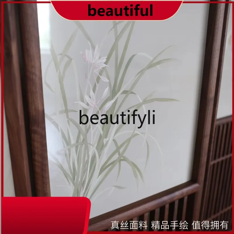 New Chinese Style Semi-Transparent Silk Hand-Painted Solid Wood Lattice Screen Partition Living Room Office Decoration  H
