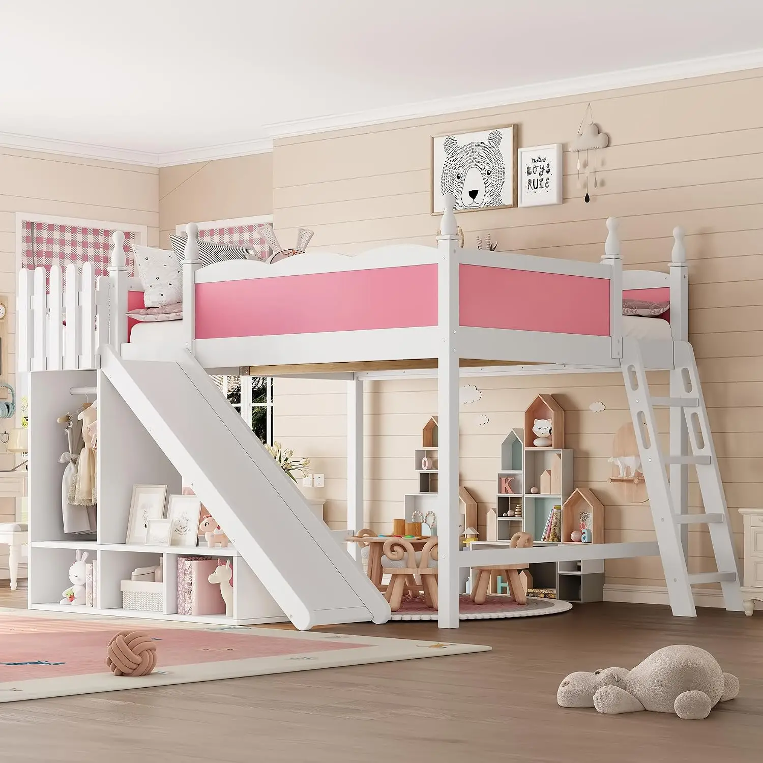 Wood Queen Size Loft Bed with Slide and Storage, Low Loft Bed with Open Shelves and Full Length Guardrails for, Customized