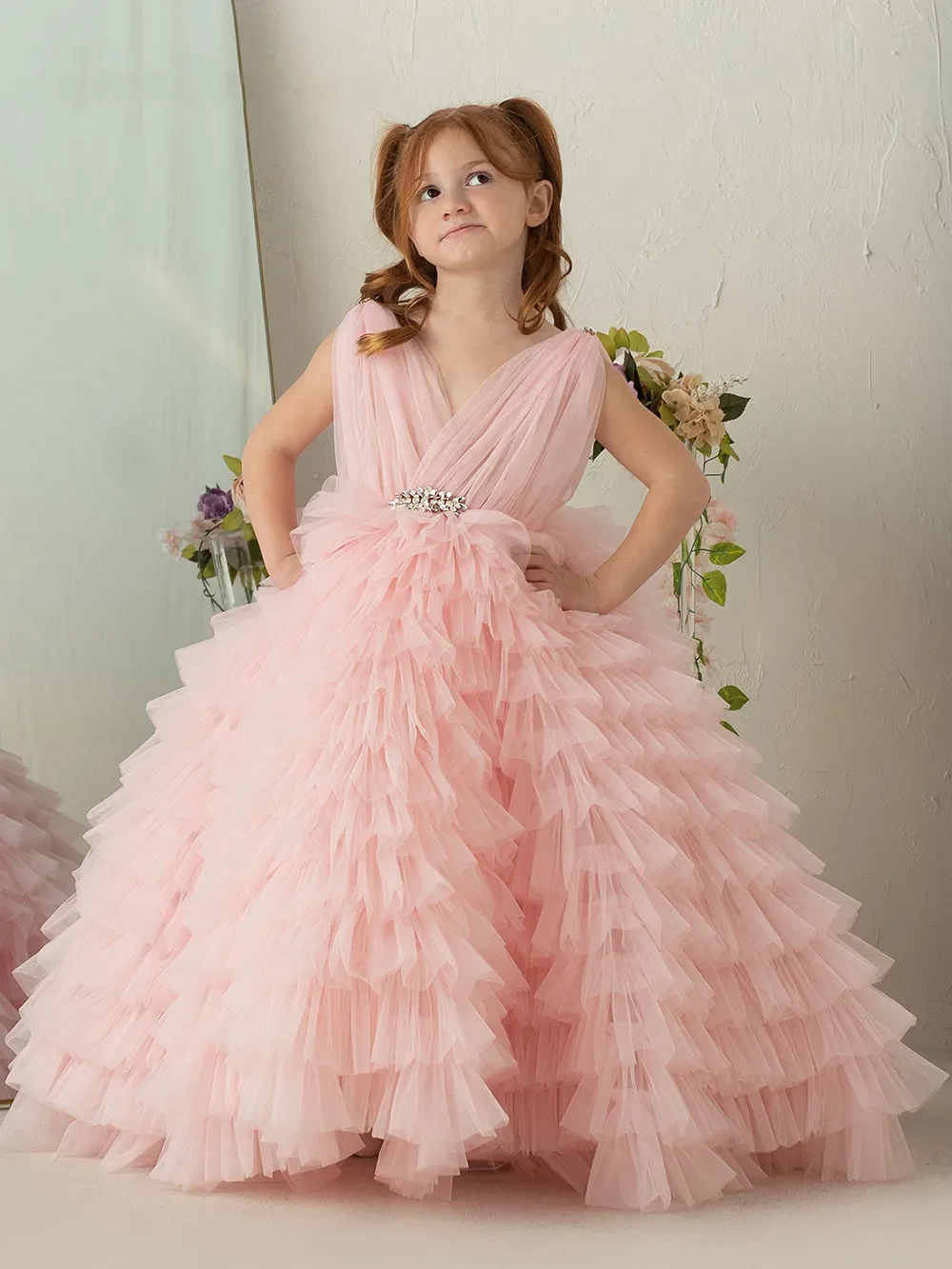 Custom Made Wedding Dress Tiered Tulle V Neck Sleeveless First Communion Flower Girl Dress Birthday Party Prom Pageant Ball Gown