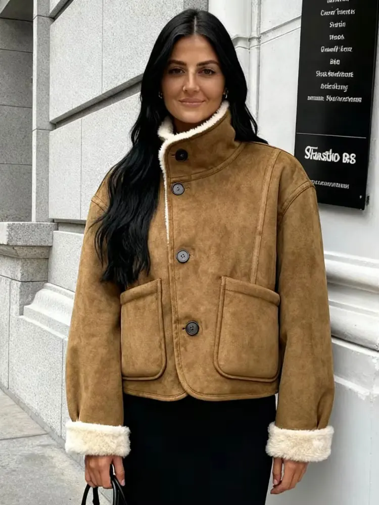 

HH 2025 Autumn Winter Women Double Sided Coats Vintage Long Sleeve Faux Lamb Wool Jacket Fashion High Street Lady Chic Outwear