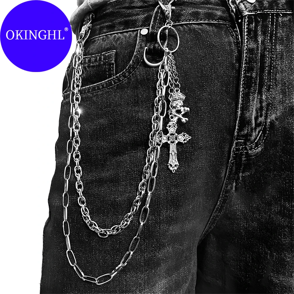 Gothic Punk Skull Chain Cross Multi-Functional Casual Skirt Jeans Hip-Hop Pants for Men And Women All-Match Fashion Accessory