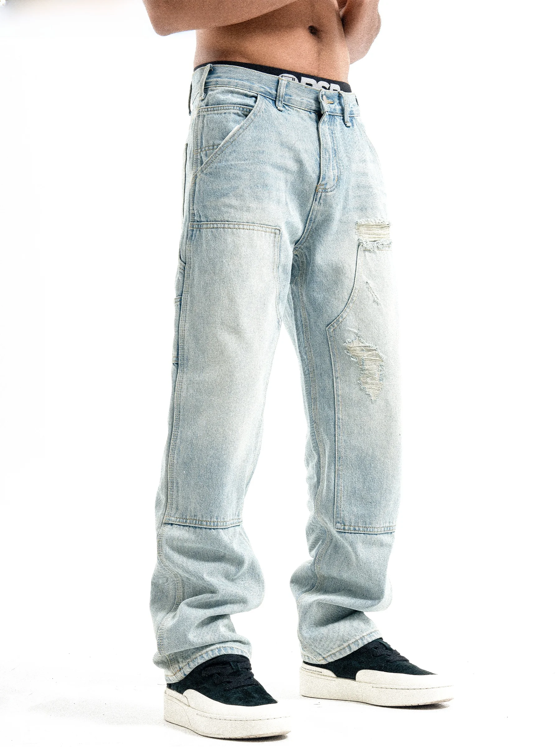 

American Street Style Distressed Patchwork Washed Straight Leg Jeans Men Women Autumn Winter Spring Cotton Denim Trousers