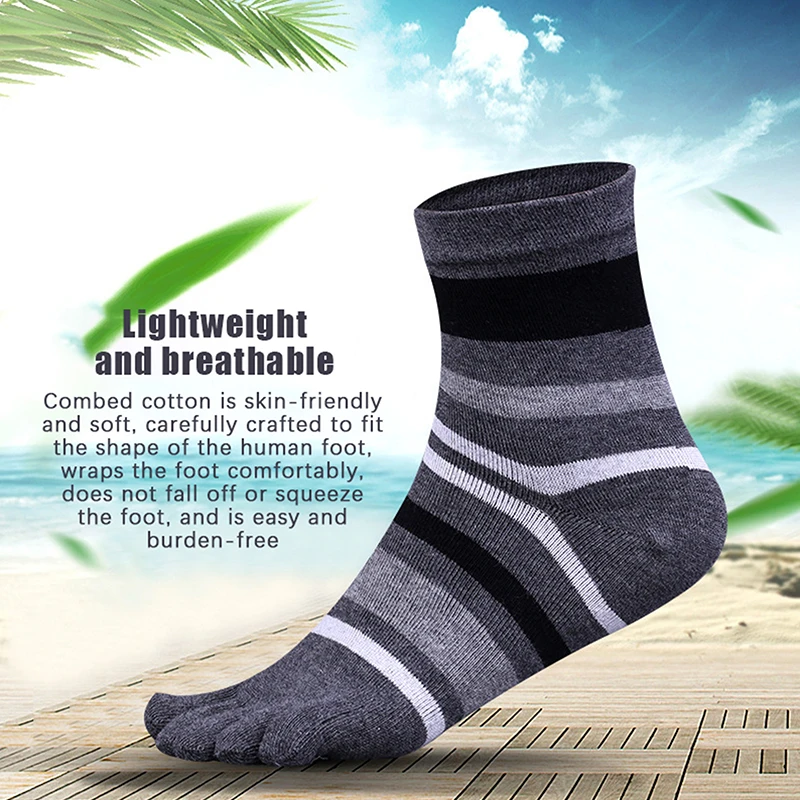 Short Mans Casual Toe Socks Striped Five Finger Socks Cotton Breathable Business Crew Socks With Toes Deodorant Hosiery