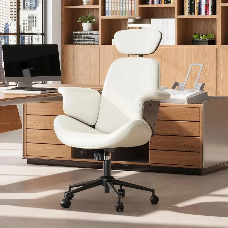 Home Office Desk Chair with Curved Armrests, Leather Upholstery Swivel Chair with Wheels, Ergonomic Computer Desk Chair