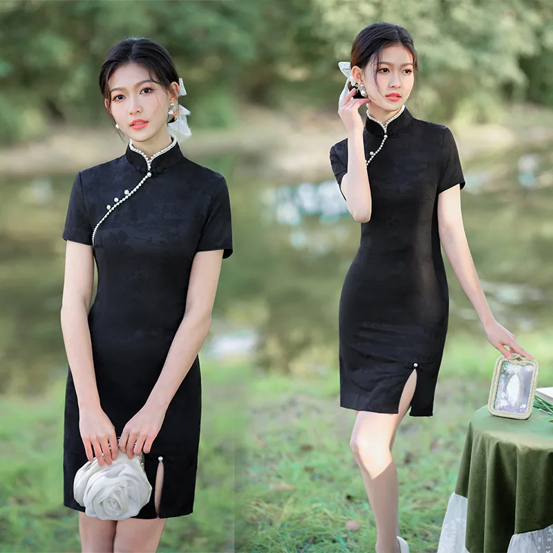 

2023 New Black Chinese Style Cheongsam Slim Short Dress Women Elegant Traditional Dresses Plus Size Qipao S To 3XL