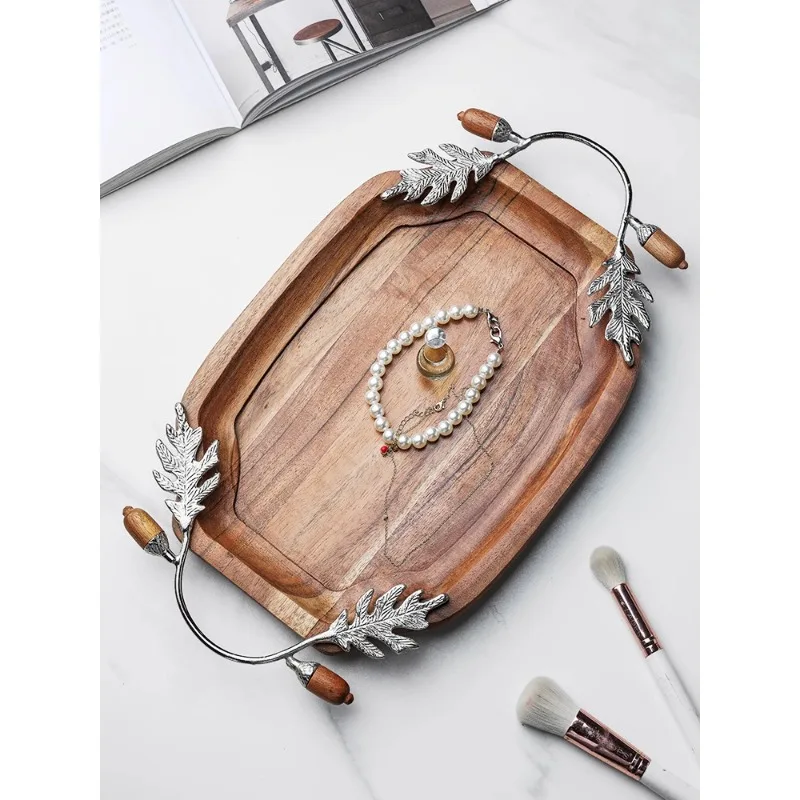 High-grade light luxury retro decorative fruit plate square solid wood storage tray creative decorative ornament antique storage