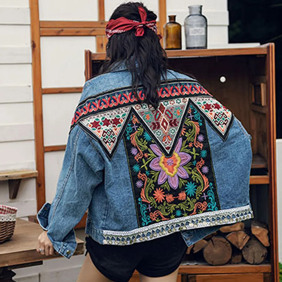 Jacket Women's Spring Boho Denim for Women Floral Appliques Embroidery Vintage Coat Long Sleeve Outerwear Female Jacket Coatee