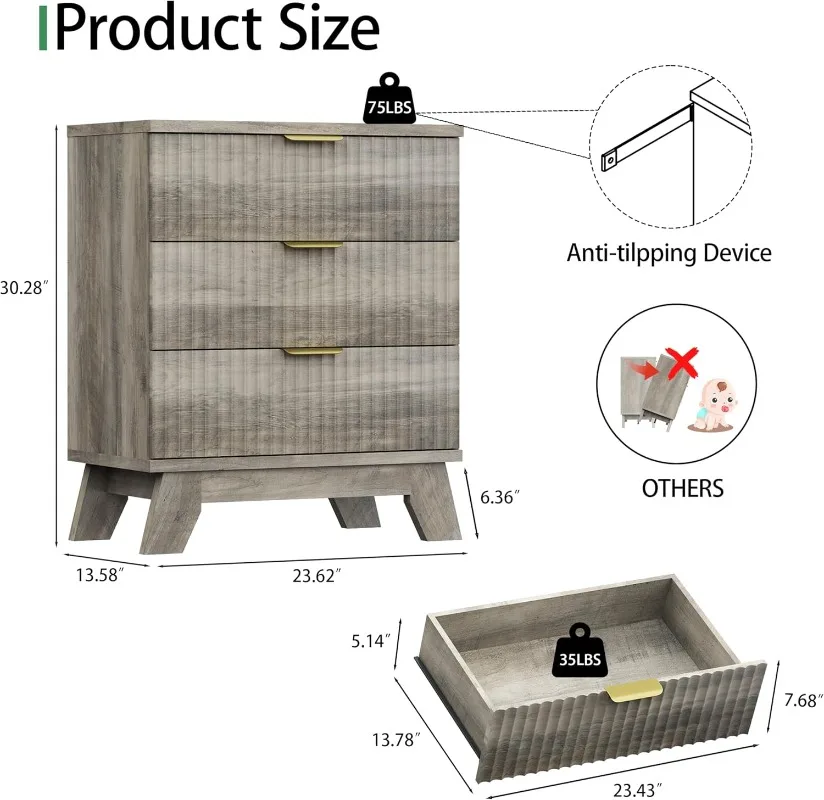 

Fluted Nightstand, 24" Wide Side Table with 3 Large Storage Drawers, Mid Century Modern Wood Night Stand with Metal Handle