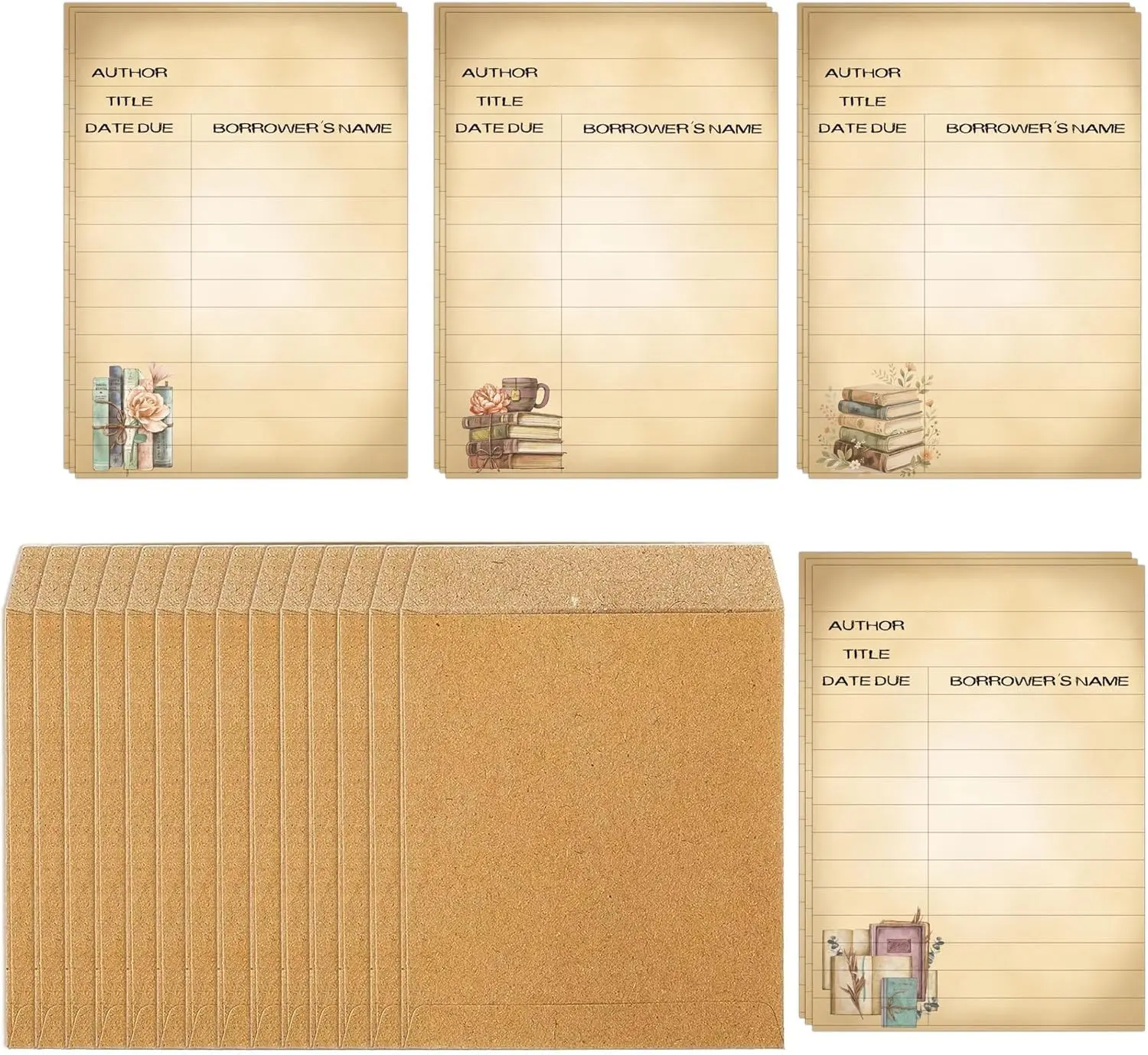 Juego de 80 tarjetas de biblioteca Retro de bolsillo con sobres, libros de caja, tarjetas de biblioteca, tarjetas de carcasa de catálogo, tarjetas de biblioteca Vintage