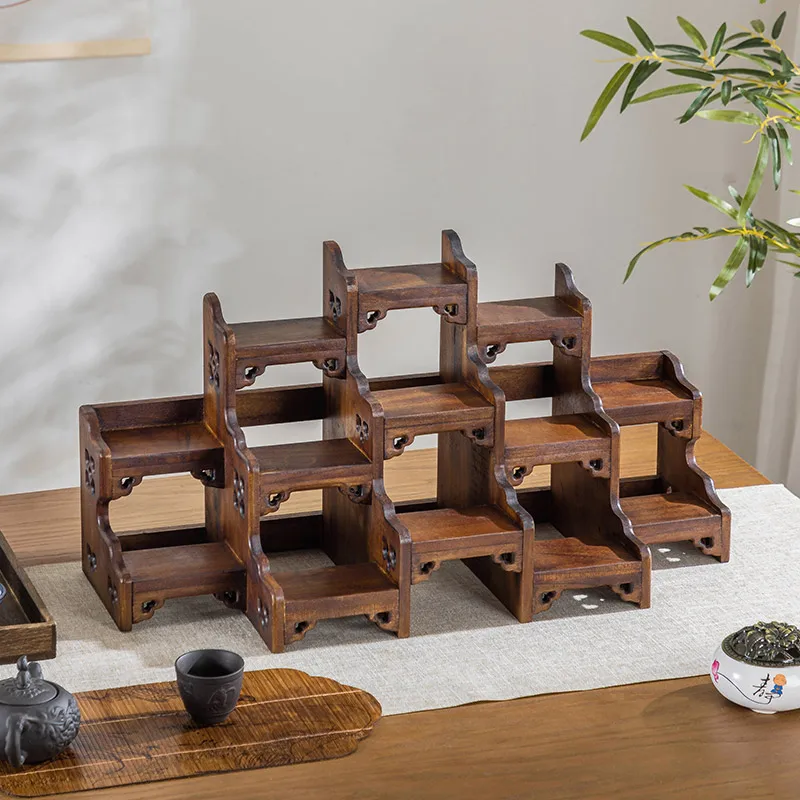 For Solid wood purple clay pot display rack, desktop small Bogu rack, Duobao Pavilion teapot display rack, retro shelf.