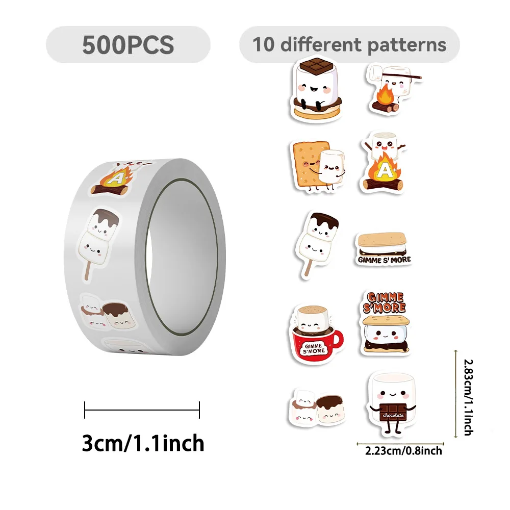 500PCS Kawaii S'mores Marshmallow Stickers Roll Waterproof Decals for Scrapbooking and DIY Projects