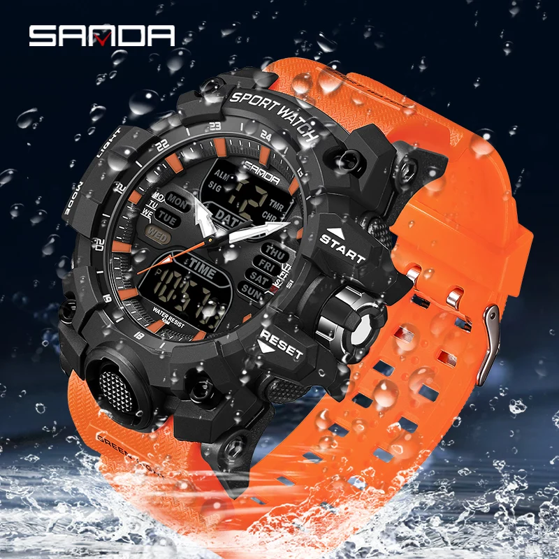 SANDA Luxury Dual Display Men Watch Sports G Style Military Watches 50M Waterproof Quartz Wristwatch for Male Relogios Masculino