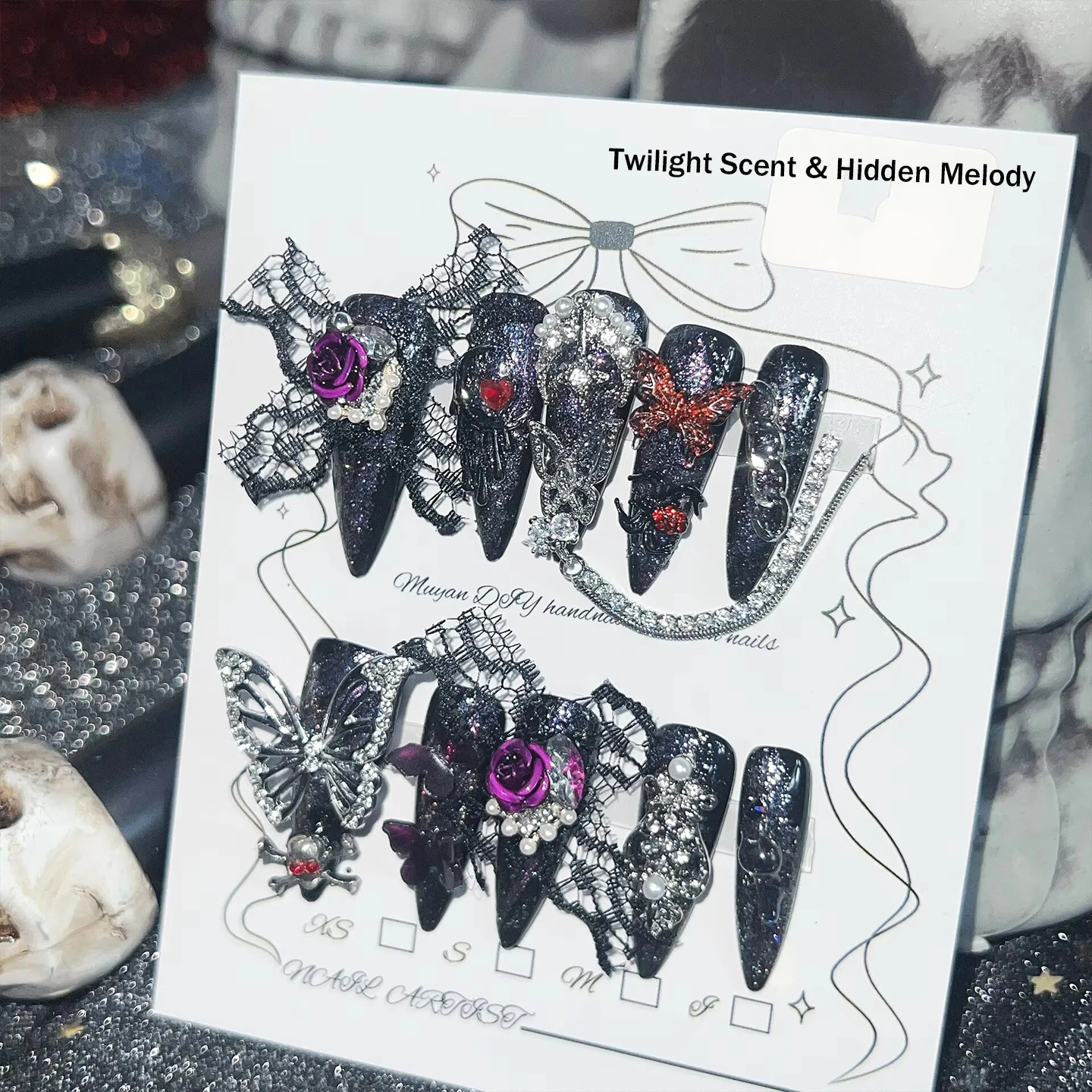 Gothic Lace Purple Rose Press On Nails With Metal Butterfly Skull Multiple Sizes  Black Glitter Purple Rose Lace Design