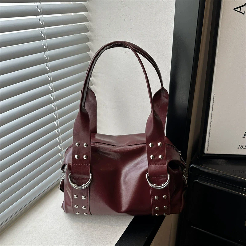 Vintage Style PU Leather Women Shoulder Bag Large Capacity High Quality Fashion Rivet Handbag Y2K Motorcycle Bag Daily Use