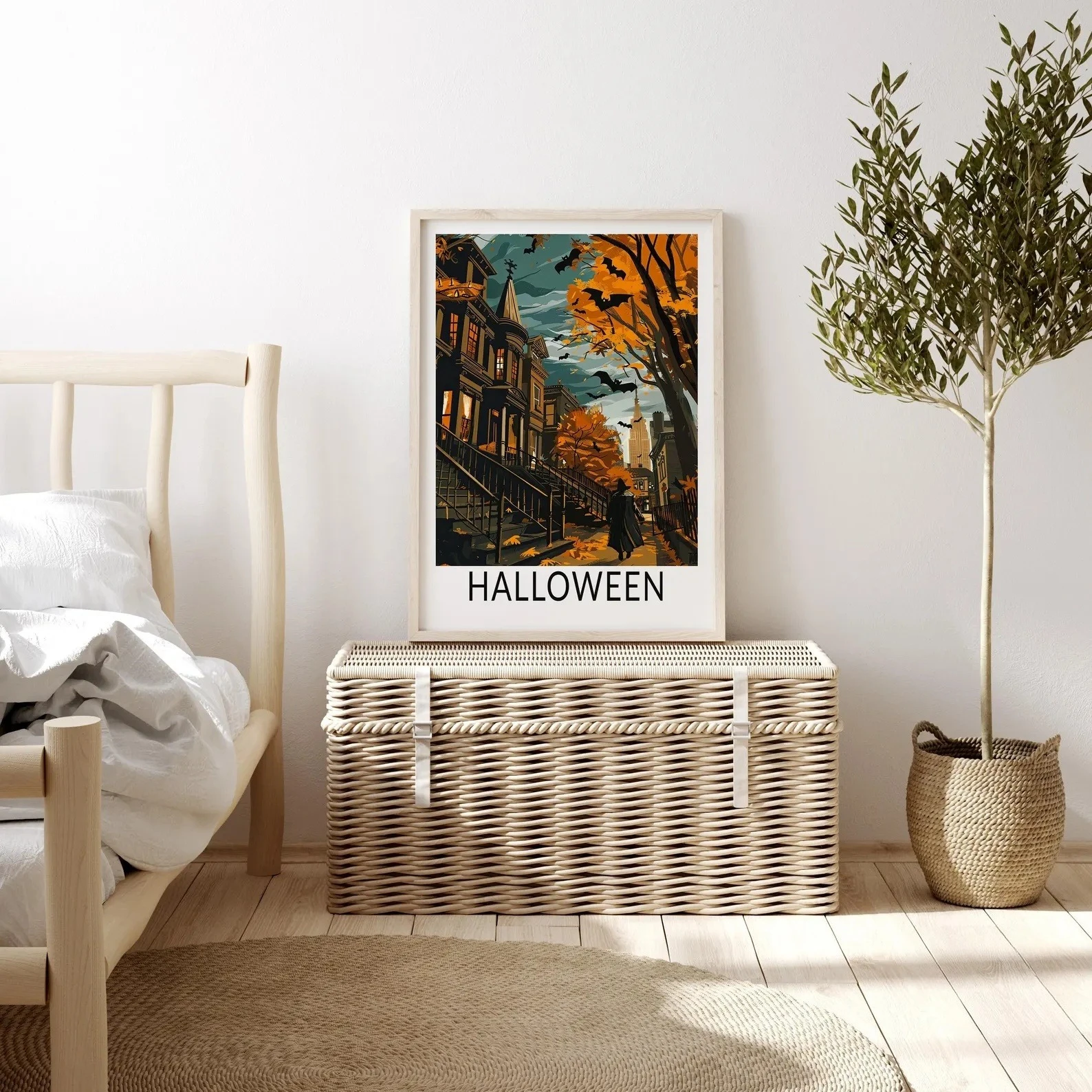 Halloween City Street Autumn Victorian House Bat Witch Figure Canvas Poster Prints Frameless Wall Art Urban Fall Decorations