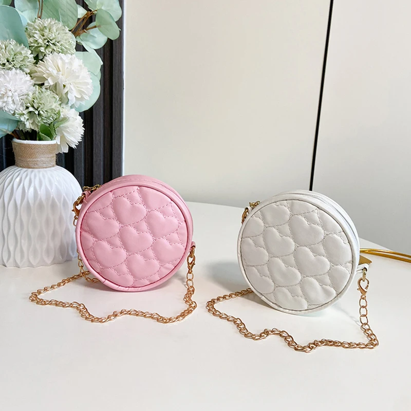 Fashion Korean Kids Pink Pu Leather Shoulder Bag Baby Girls Mini Round Coin Purse Handbag Princess Chain Crossbody Bag For Kids