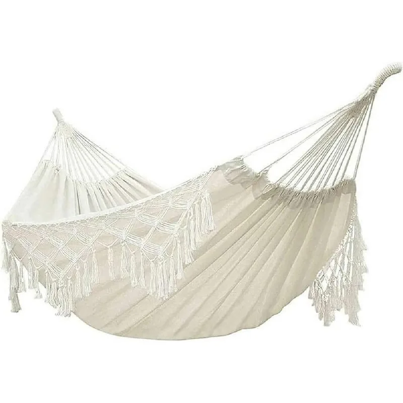 

Double Sized Boho Macrame Cream Hammock with Elegant Tassels and Fishtail Knitting 485Lbs Includes Tie Ropes and White