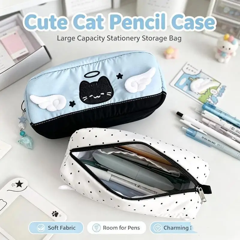 Cute Cartoon Angel Demon Cat Pencil Case Black Polka Dot Large Capacity School Stationery Organizer
