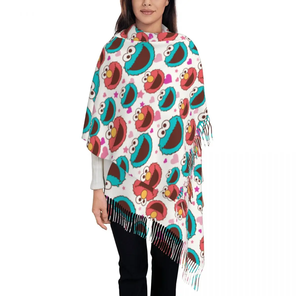 Elmo & Cookie Monster Peace & Love Scarf for Women Warm Winter Pashmina Shawls and Wrap Long Scarves with Tassel Daily Wear