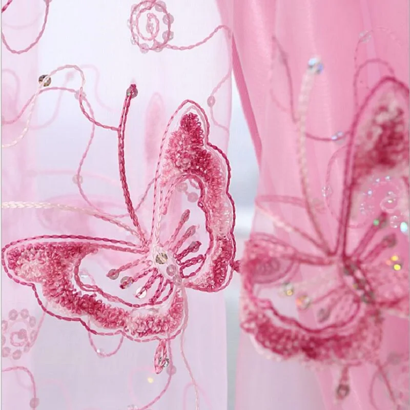 Romantic Modern Embroidered Sequins Butterfly Rustic Sheer Purple Voile Curtains for Living Room Bedroom Kitchen 344&C