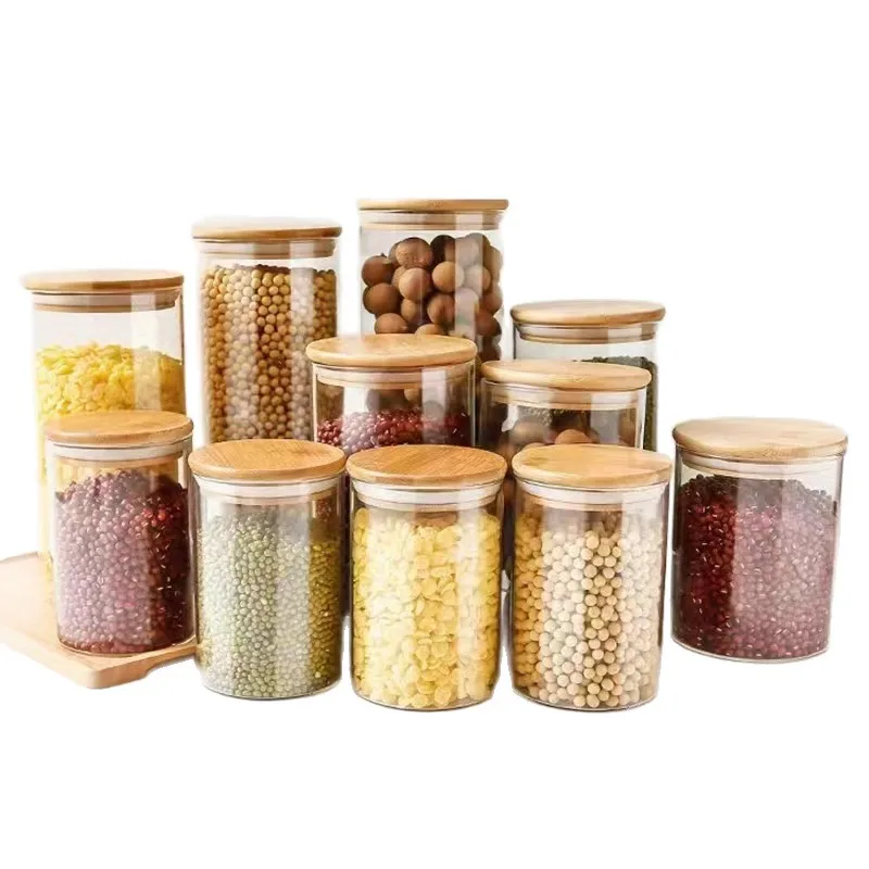 غطاء خشبي زجاجي شفاف برطمانات تخزين المواد الغذائية زجاجات تخزين المطبخ جرة مختومة للشاي والقهوة وموزع حبوب السكر المنظم #6