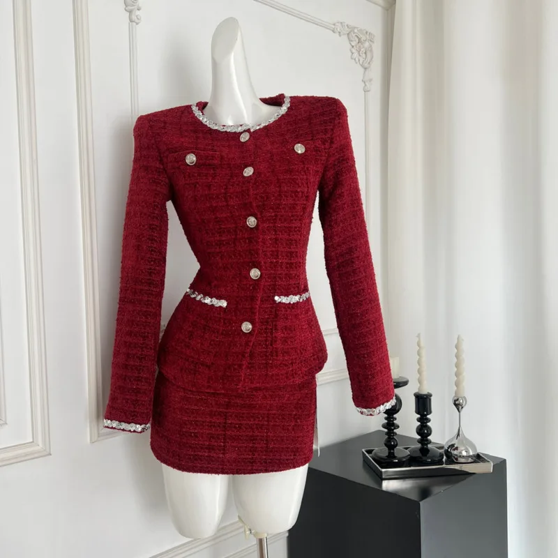 High Quality French Luxury Tweed 2 Piece Sets Women Outfit Autumn Winter Christmas Sweet Fashion Jacket Coat + Skirt Suits