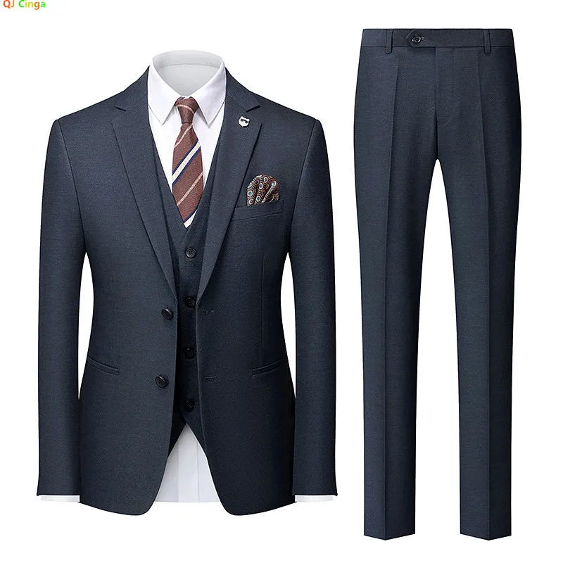 Men's 3-piece Suit in Navy Blue,Double-buttoned Blazer and Vest with Pants,Asian Sizes, Slim-fit Men Sets, Vertical Stripes Trim