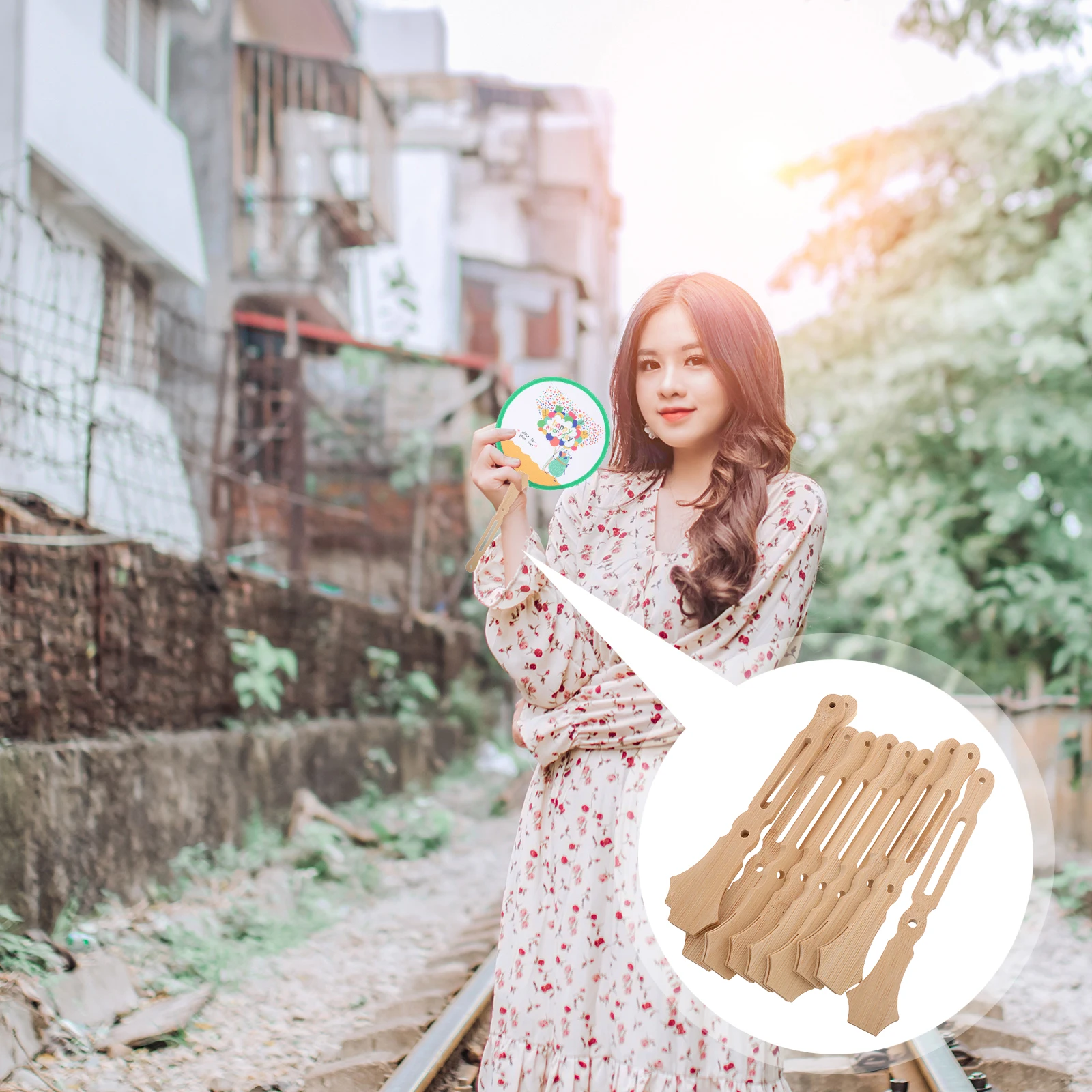 

10pcs Bamboo Fan Handles Craft Sticks DIY Handmade Wedding Ready Elegant Classic Design Sturdy Material Wooden Beige