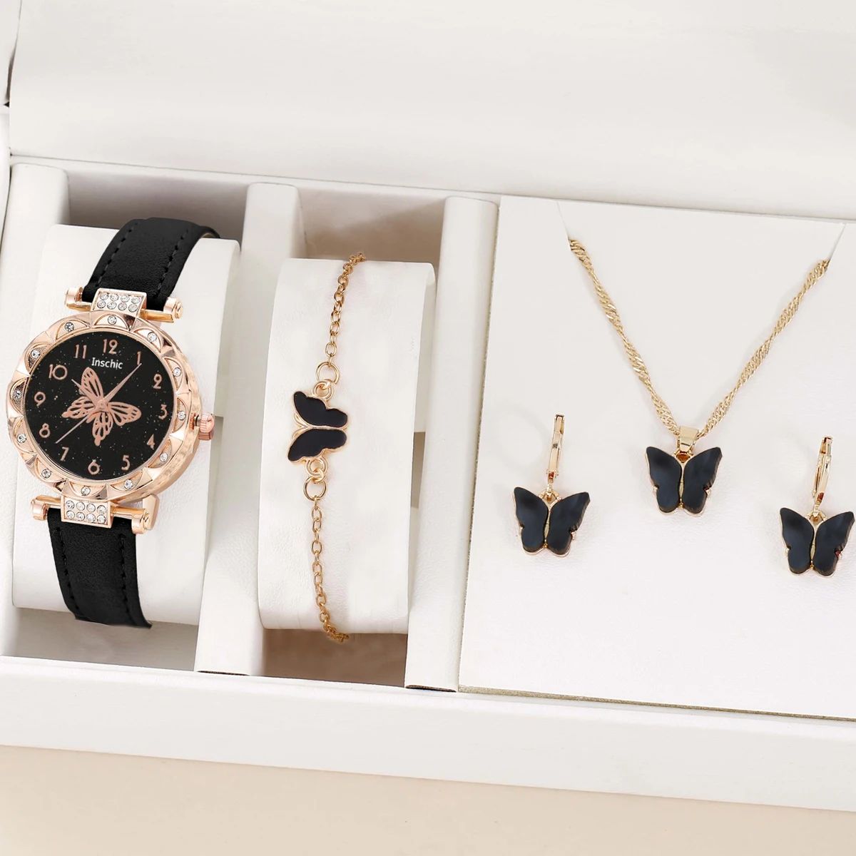 Women Luxury Watch Ring Necklace Earrings Rhinestone Butterfly Fashion Wristwatch Female Casual Ladies Watches Set Clock