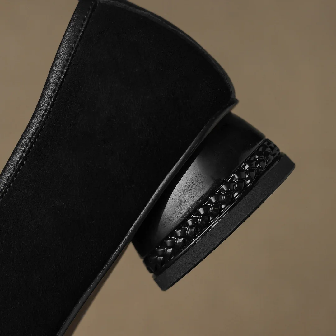Zapatos de tacón sin cordones elásticos con punta cuadrada de piel de ante natural para mujer de talla grande 34-41, zapatos informales de tacón bajo redondo de 3cm para uso diario