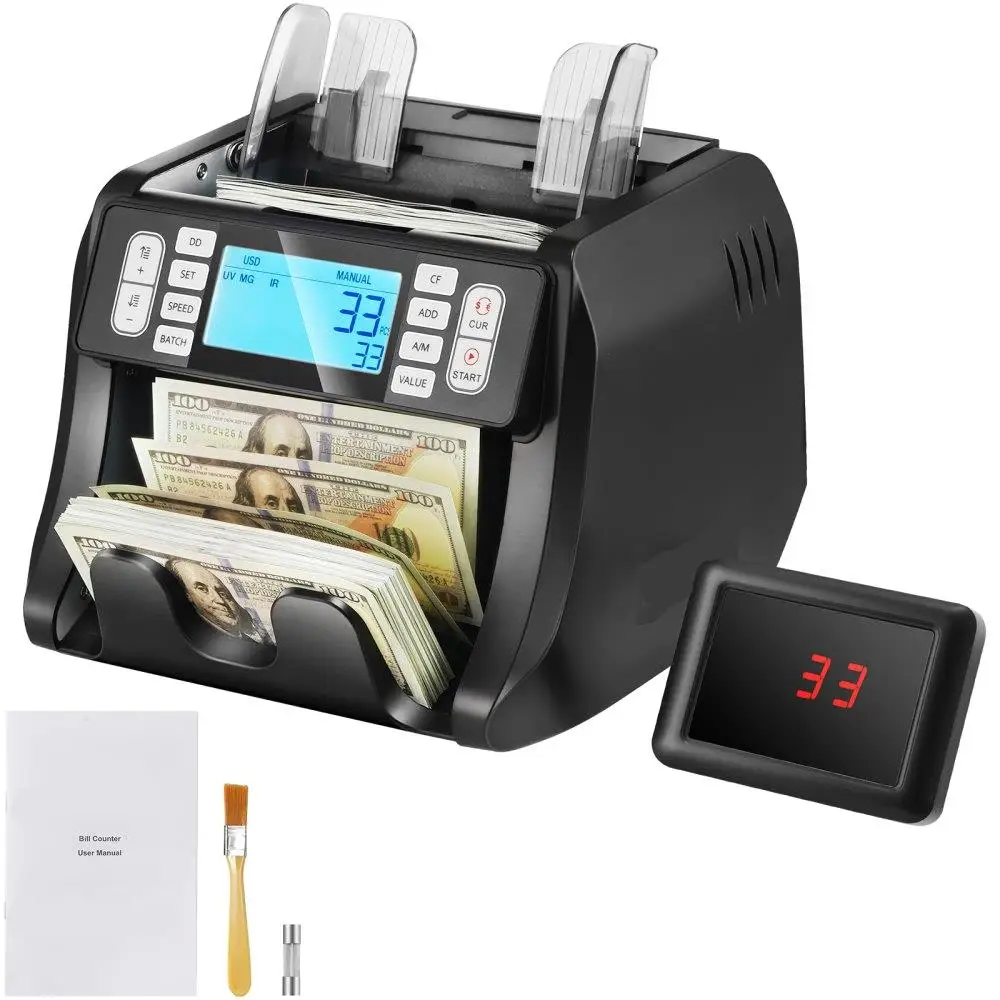 Money Counting Machine with UV MG IR DD Counterfeit Detection for USD EUR Features Add Batch Modes Large LCD External Display