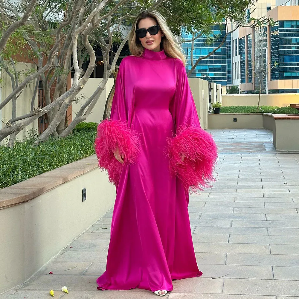 Luxury Evening Dresses Fuchsia High Neck Customized Feathers Arabic Guest Elegant Party Dresses Woman 2024 Gala Dress