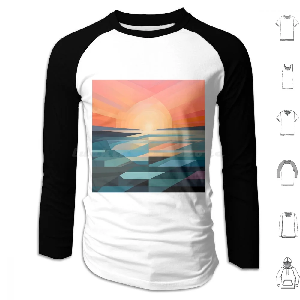 Sunset By The Sea Cubism Style Hoodies Long Sleeve Sunset Peaceful Sea Sun Cubism Chill Relaxing Orange Blue Water