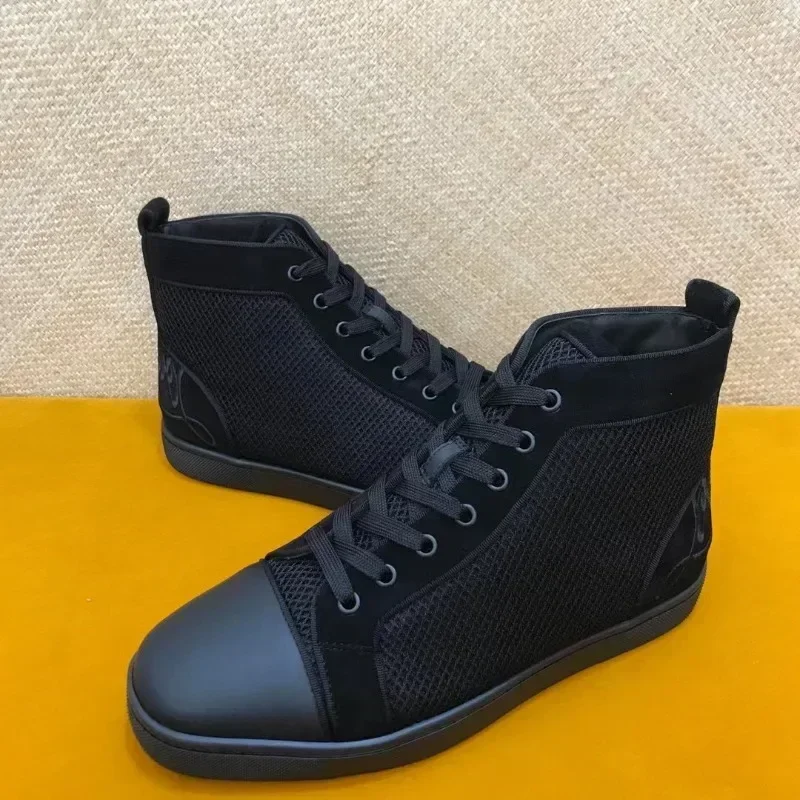 Luksusowa moda High Top For Men Trainers Driving Spiked Black Net Genuine Leather Wedding Rivets Logo Heels Flats Sneakers Shoes