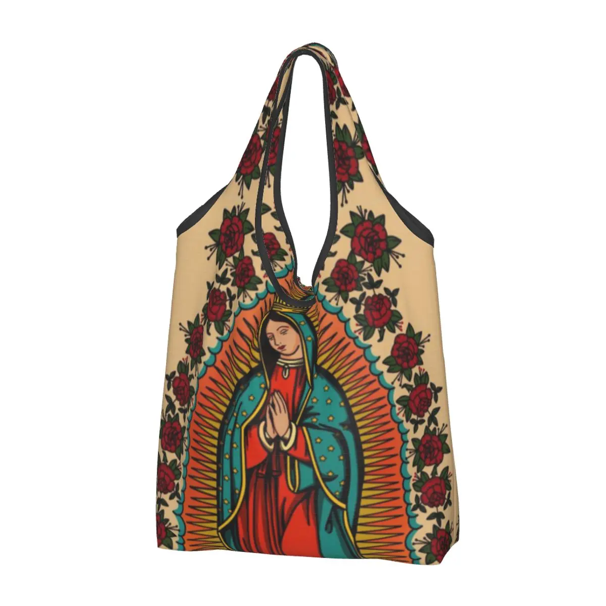 

Christian Virgin Mary Grocery Bags Durable Large Reusable Recycle Heavy Duty Anime Shopping Eco Bag Washable Attached Pouch