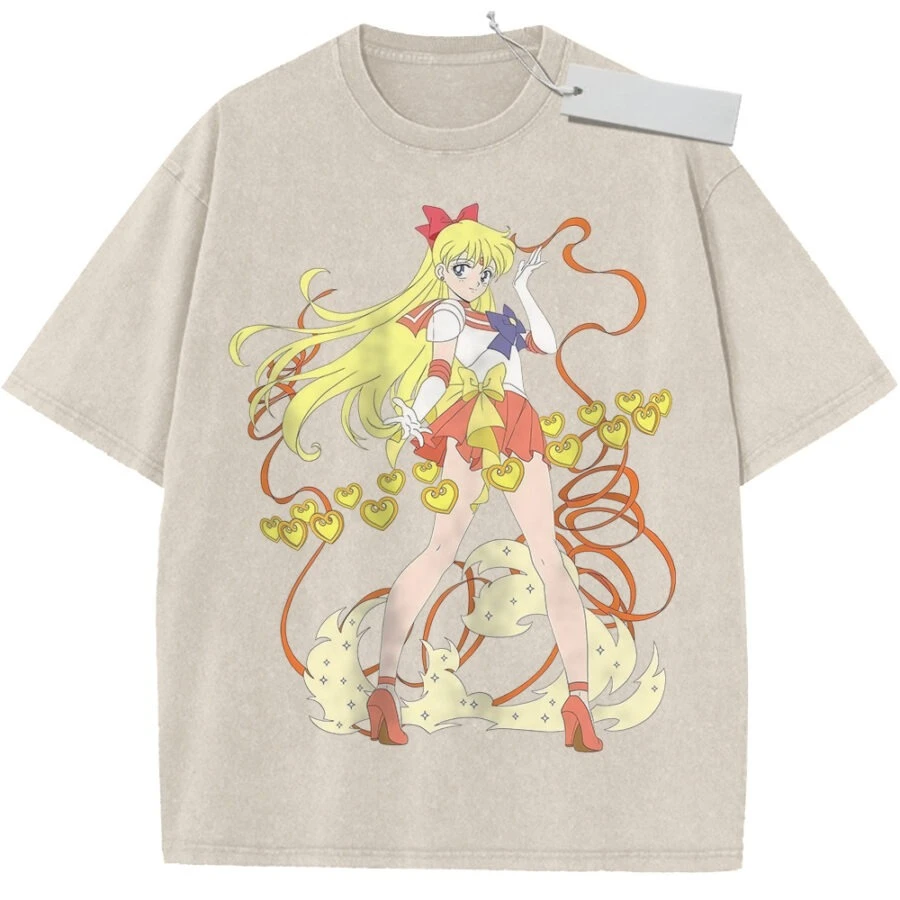2026 Summer Men's Pink Washed T - shirt Sailor Moon Aino Minako Heart Ribbon High - quality Fabric for Casual Shopping