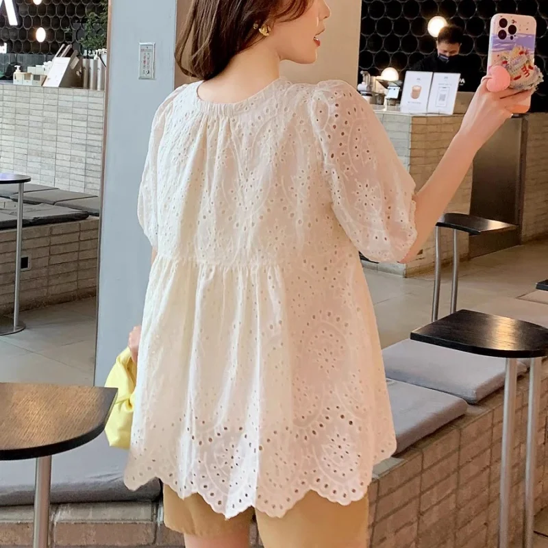 Fashion Hollow Out White Embroidery Women Blouses Short Sleeve Casual Loose Shirts Summer Elegant Puff Sleeve Tops