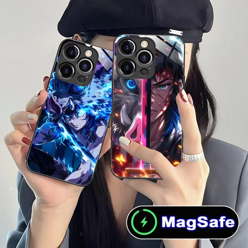 

Чехол для мобильного телефона Demon Slayer Inosuke для iPhone 16, 15, 14, 13, 12, 11 Pro Max Plus Mini MagSafe, стеклянный цветной защитный чехол, красивый