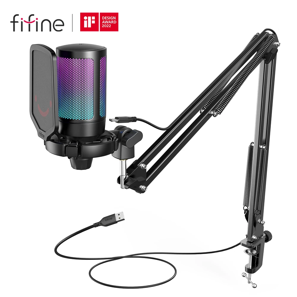 FIFINE-Kit de micrófono para juegos USB para PC, juego de micrófono cardioide de condensador con botón de silencio/RGB/soporte de brazo, para Video-A6T de transmisión, PS4/5