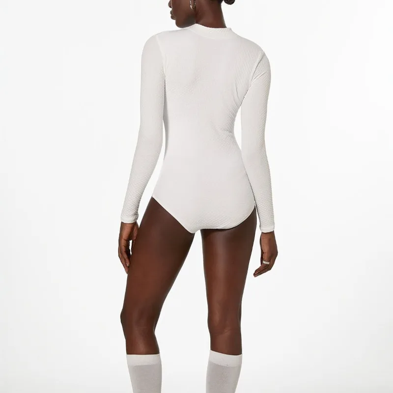 Minimalist Style White Long Sleeve Swimsuit One Piece Swimwear For Women Comfortable Solid Color Vacation Hot Spring Diving Suit