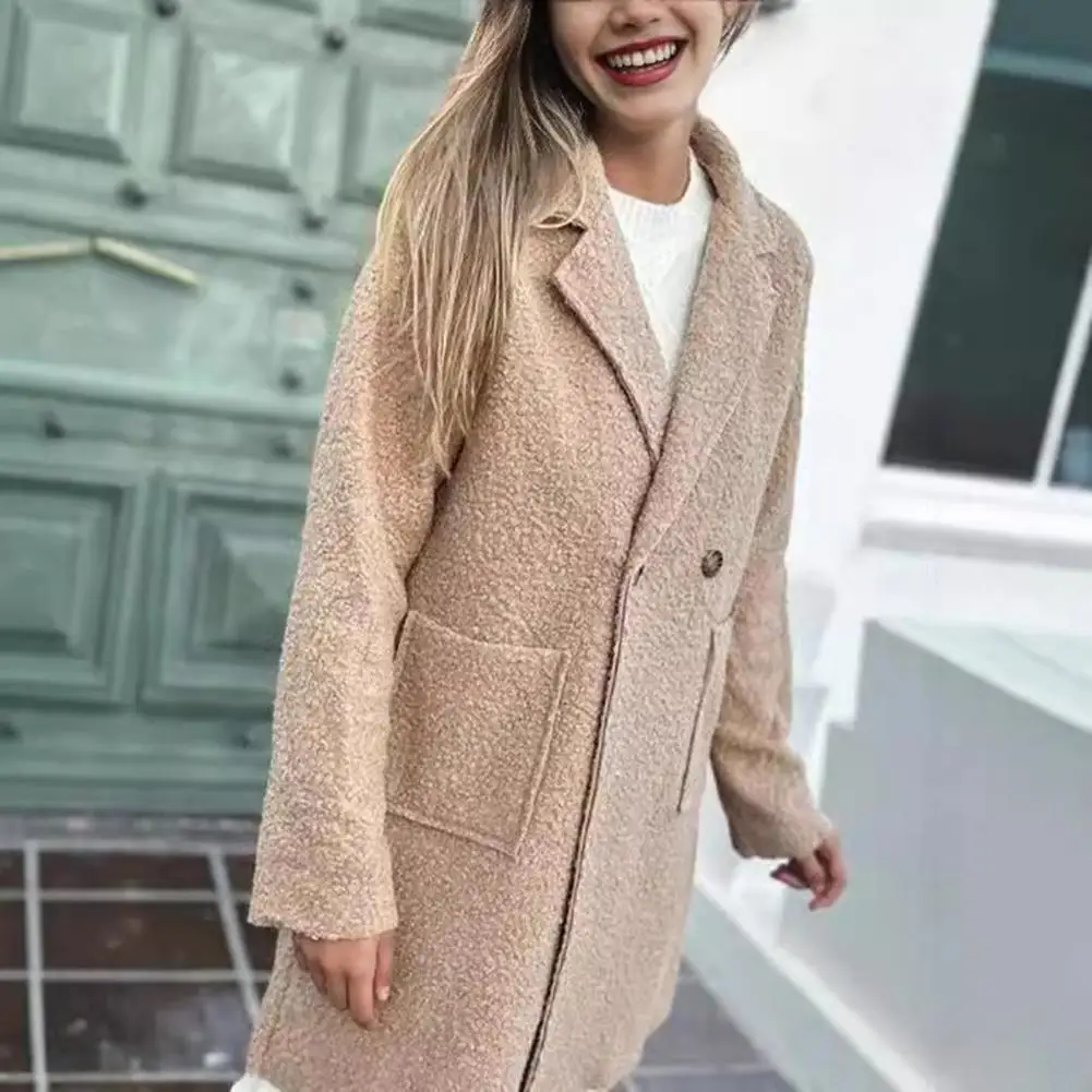 Polyester Plush Fabric Coat Elegant Women's Fleece Jacket with Lapel Button Closure Fluffy Gown Coat for Office Parties Travel