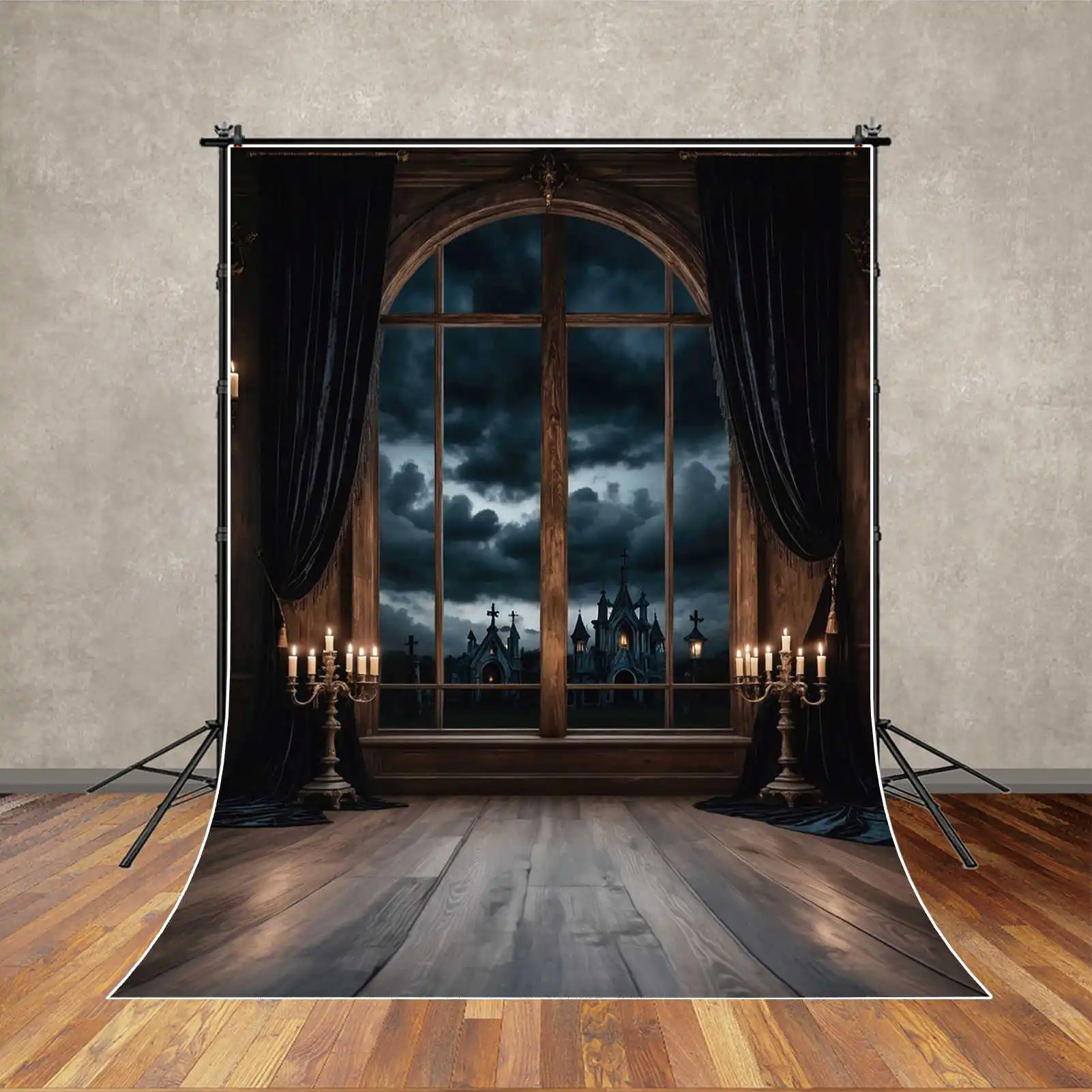 MOON.QG Halloween Backdrop Photography Curtain Window Candle Cemetery Photozone Background Child Studio Photobooth Supplies