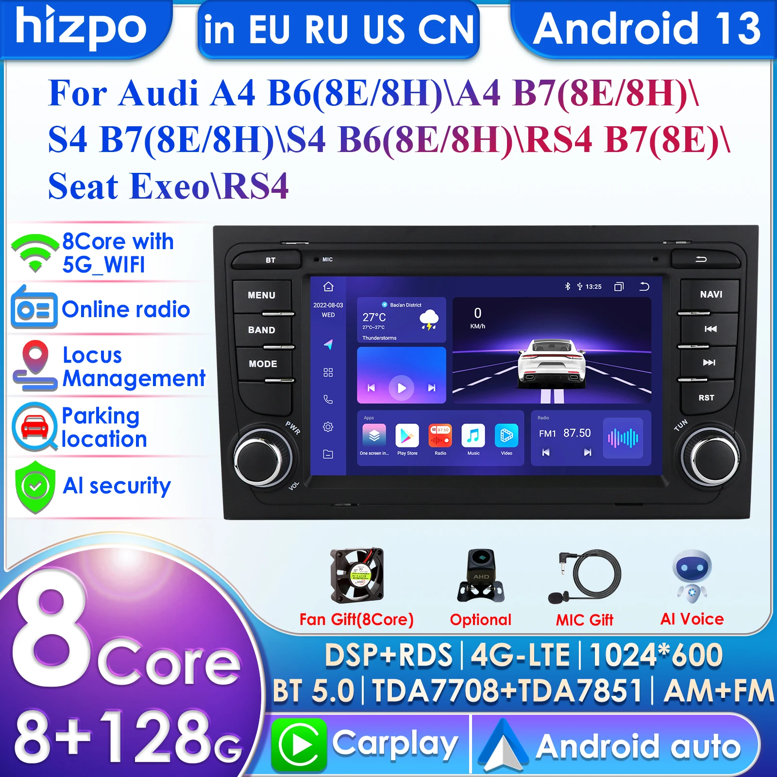 

AI 7862 System 2din Android Autoradio for Audi A4 B6 B7 S4 RS4 for Seat Exeo Car Radio Multimedia Video Player GPS Carplay 4G BT