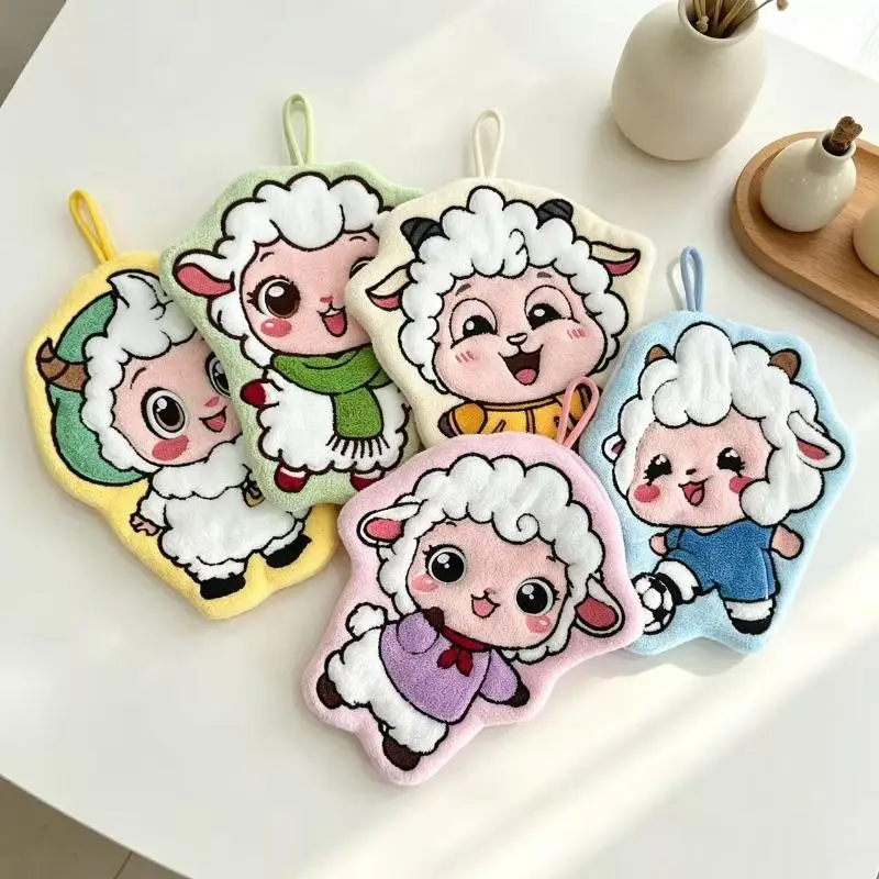 Sheep Design Cartoon Hand Towels Premium Soft Absorbent Coral Fleece Quick Dry Towels for Home Kitchen Bathroom Use