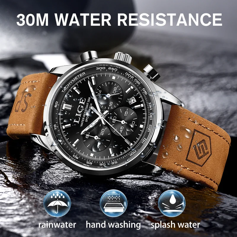 LIGE Fashion Man Watch Luxury Leather Calendar Mens Watch Waterproof Sport Quartz Watches Chronograph Clock Relogios Masculino