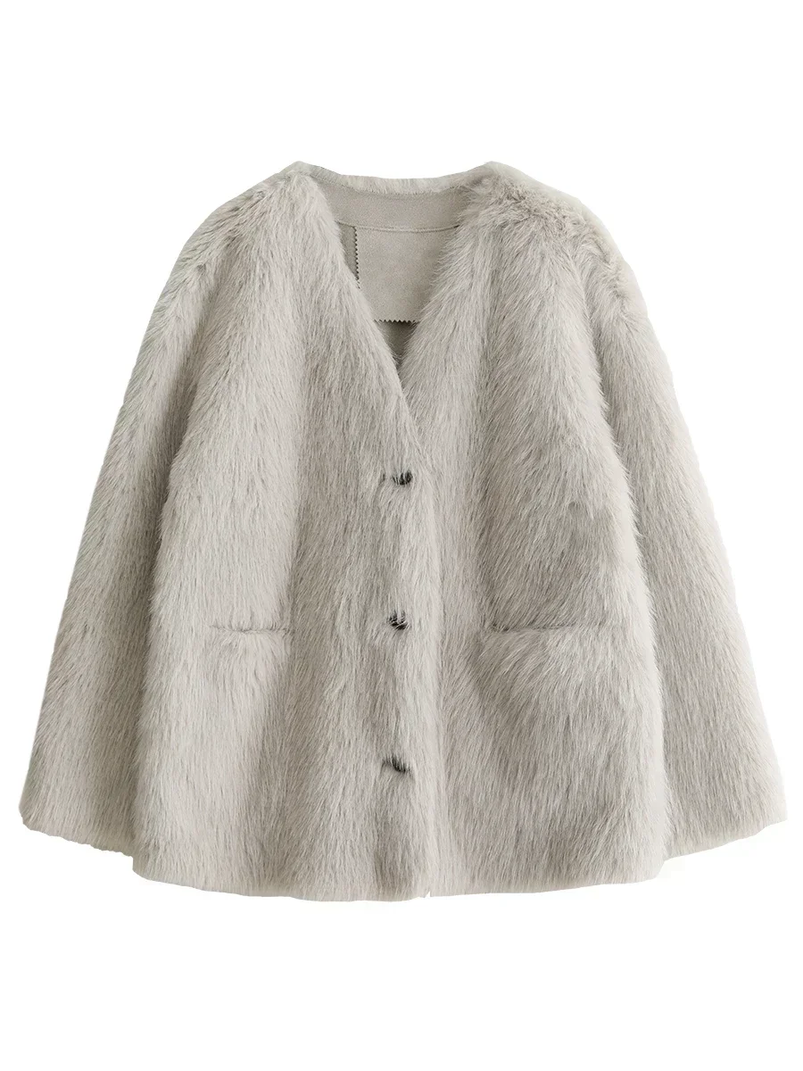 CHIC VEN Korean Women Jackets Loose Solid New V-neck Plush Warm Faux Fur Coat Female Jacket Woman Outerwear Autumn Winter 2024