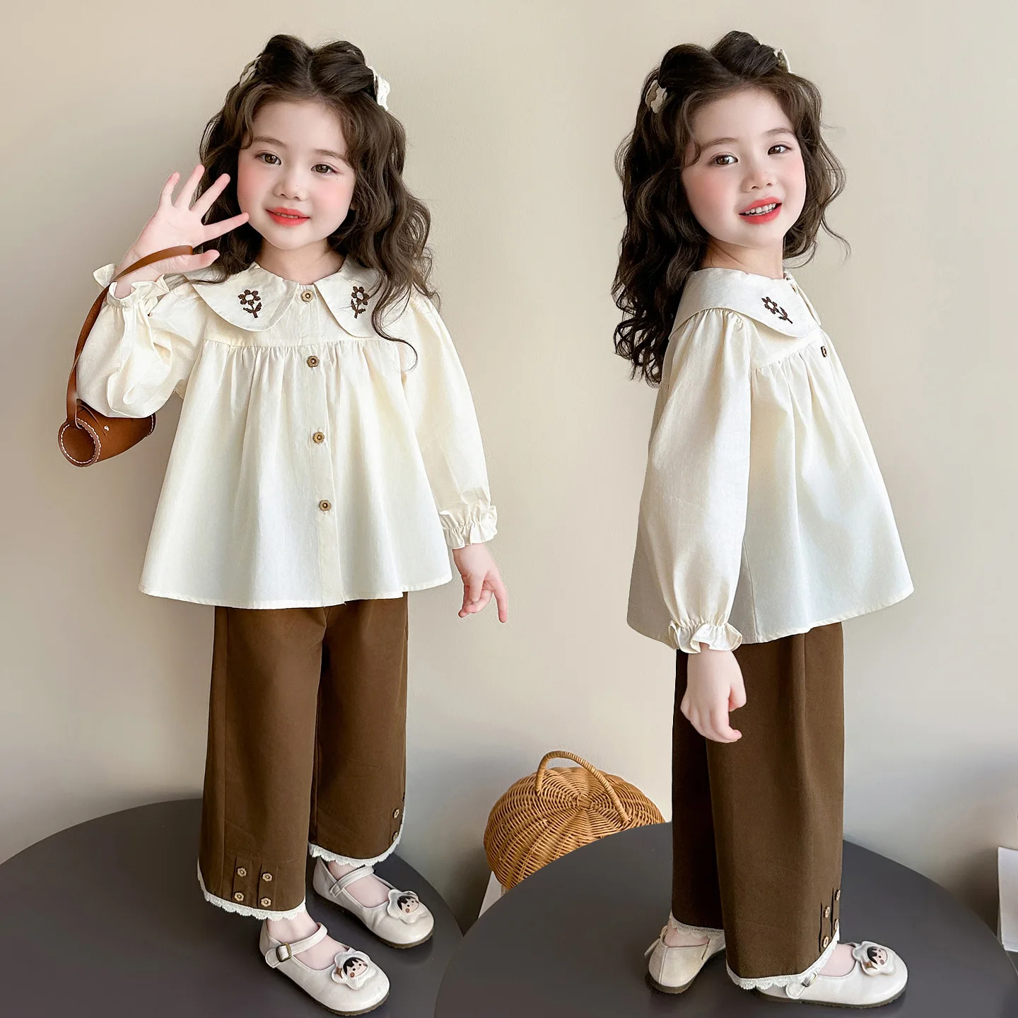 Girls Spring and Autumn Clothing Set 2026 New Children's Doll Collar Embroidered Long Sleeve Shirt Two-piece Set